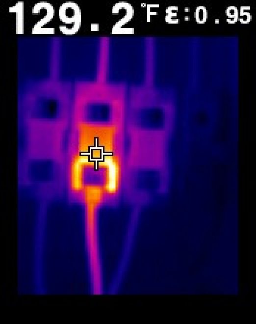 Thermal image of a hot fuse, about 129 degrees Fahrenheit